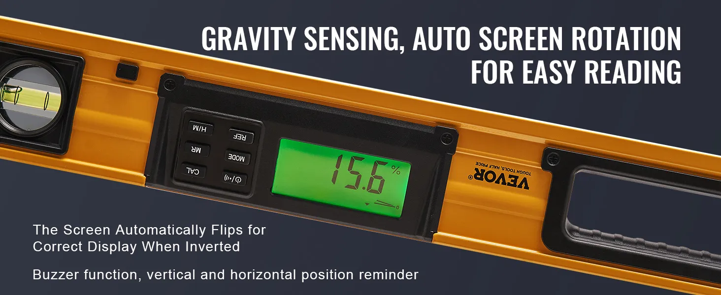 VEVOR magnetic torpedo level with gravity sensing and auto screen rotation for easy reading.