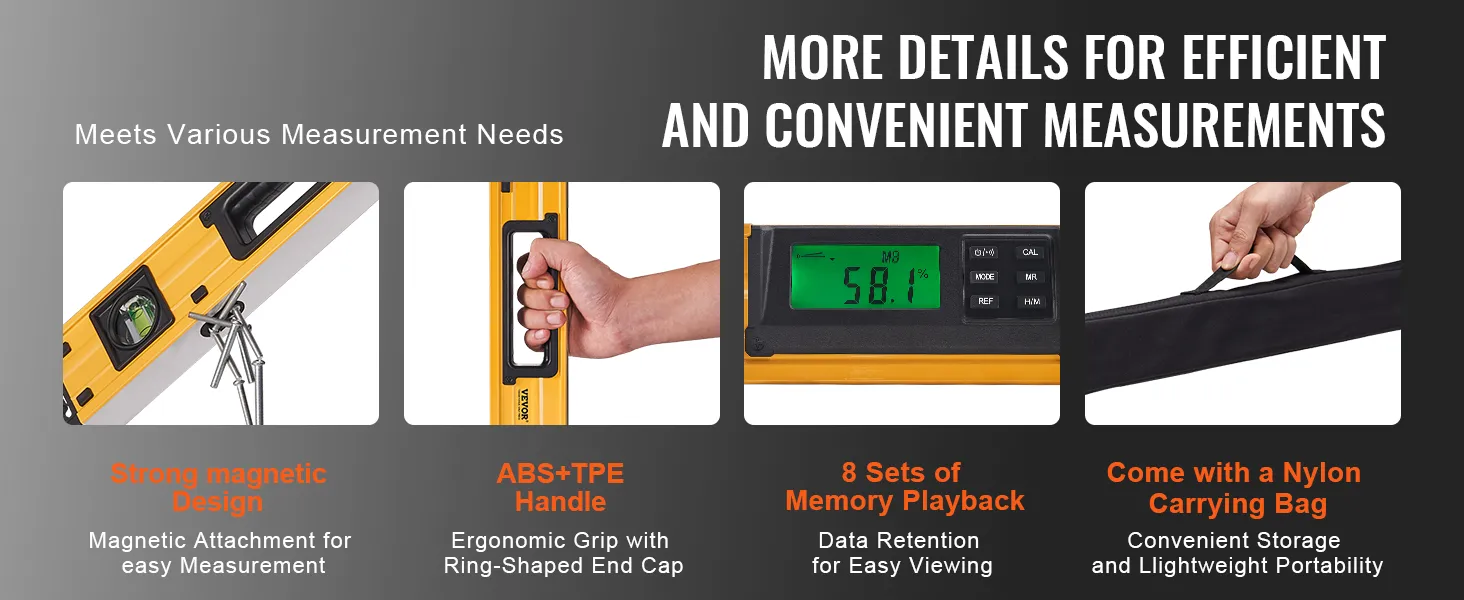 VEVOR magnetic torpedo level with magnetic design, ergonomic handle, memory playback, and nylon bag.