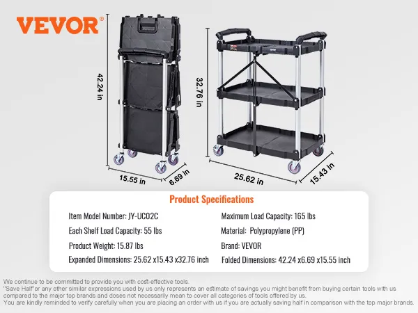 VEVOR utility service cart, dimensions, weight, load capacities, material, and brand specifications.