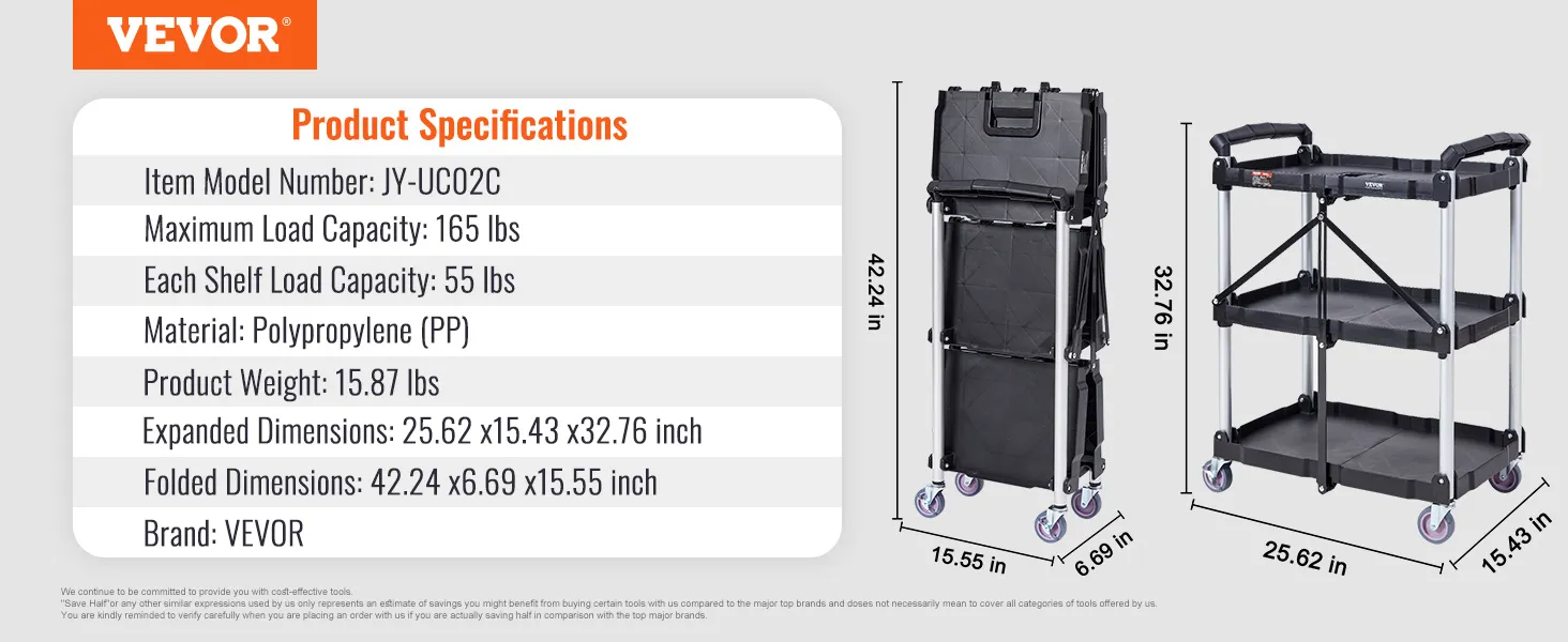 VEVOR utility service cart, dimensions, weight, load capacities, material, and brand specifications.