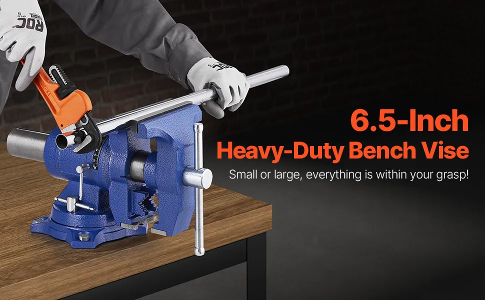VEVOR Heavy Duty Bench Vise, 6-1/2" Jaw Width, 5" Max Jaw Opening Multi-Purpose Ductile Iron Bench Vise with Anvil, 360° Swivel Base Head, 3" Throat, 5620 lbs Clamp Force, for Pipe Repairing Metalworking