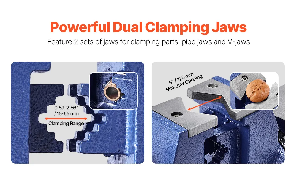 VEVOR Heavy Duty Bench Vise, 6-1/2" Jaw Width, 5" Max Jaw Opening Multi-Purpose Ductile Iron Bench Vise with Anvil, 360° Swivel Base Head, 3" Throat, 5620 lbs Clamp Force, for Pipe Repairing Metalworking