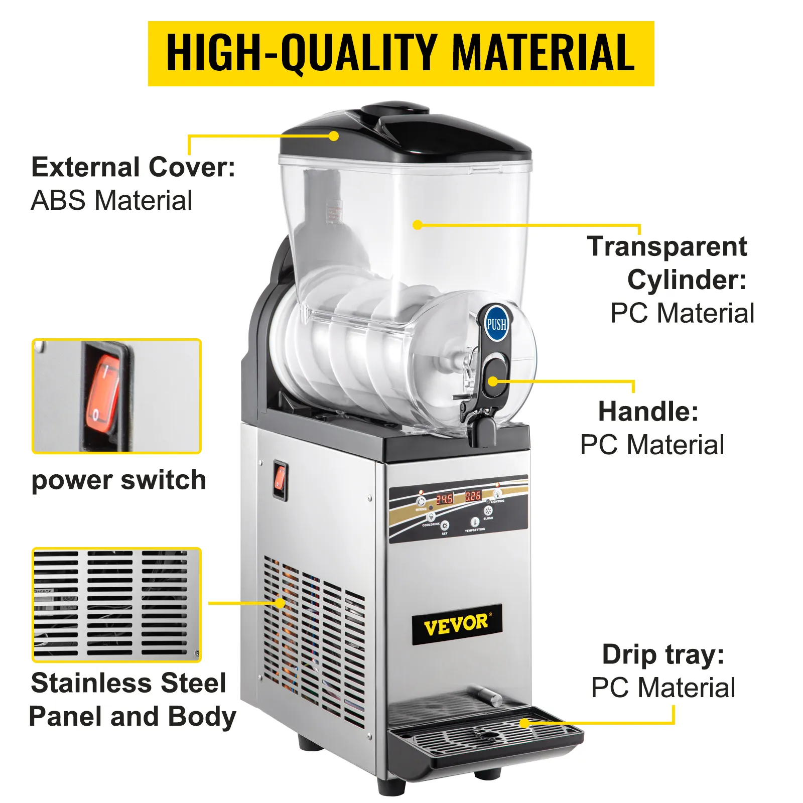 Máquina de margaritas VEVOR con cuerpo de acero inoxidable y cilindro de pc transparente.