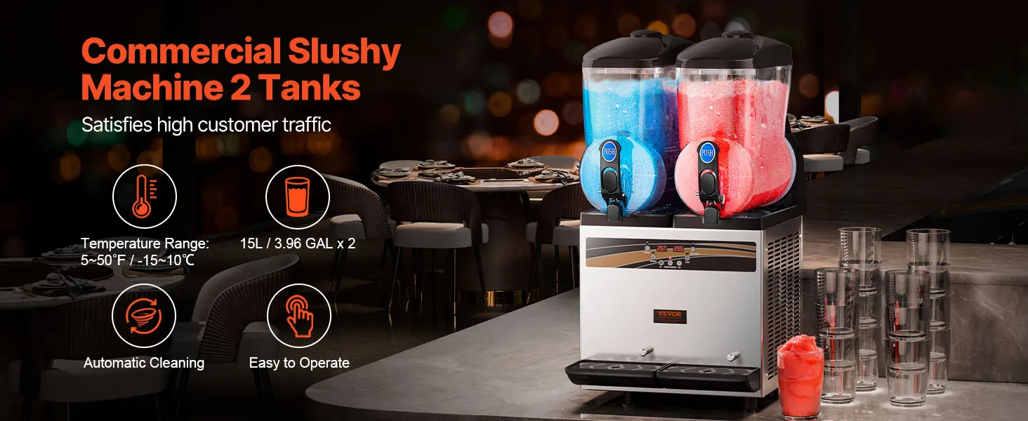 Máquina de margaritas VEVOR con tanques dobles en la encimera de la cocina, que prepara granizado verde y naranja.