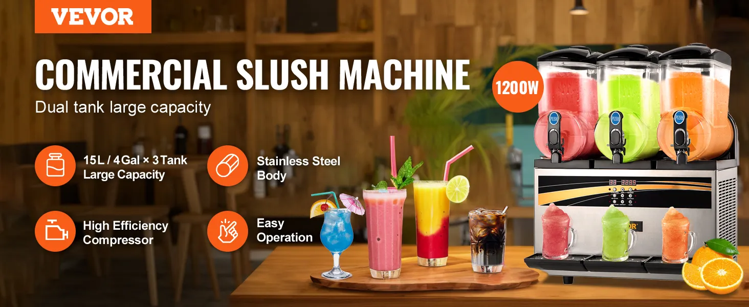 Máquina de granizados VEVOR con tres tanques y bebidas granizadas de colores sobre una mesa de madera.