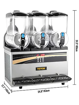 Máquina de granizados VEVOR con tres depósitos transparentes y dimensiones.