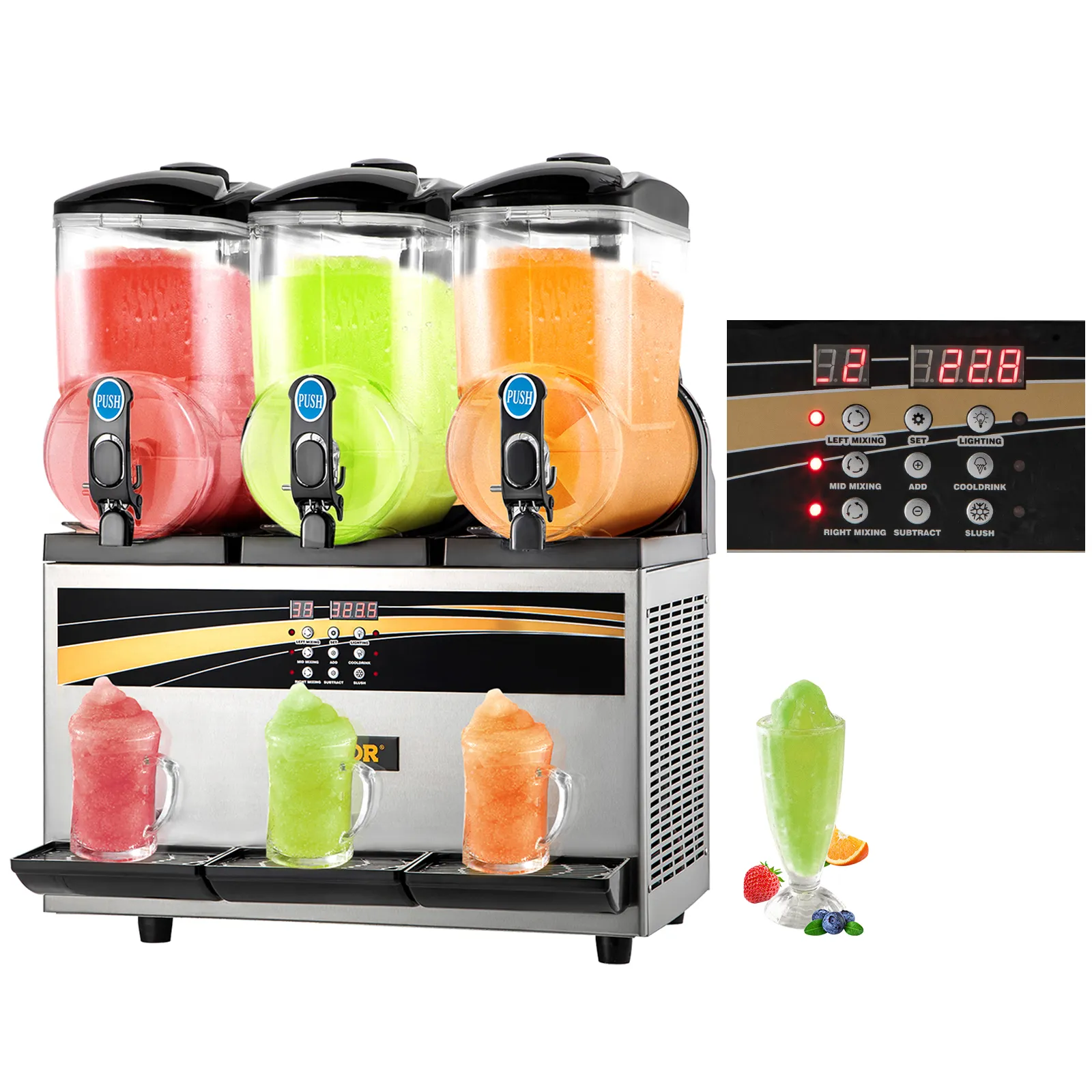 Máquina de granizados VEVOR con tres dispensadores de granizados de colores y pantalla de panel de control.