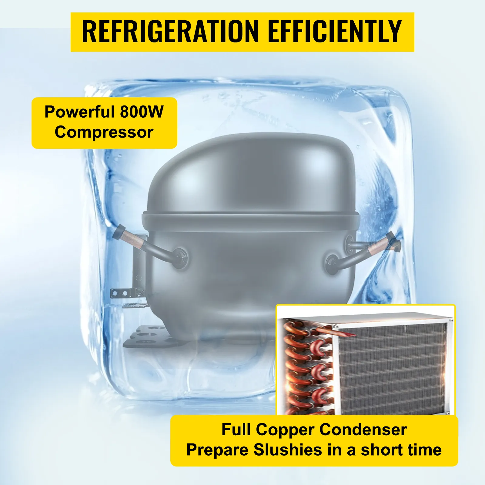 Máquina de granizados VEVOR con compresor de 800w y condensador de cobre completo para granizados rápidos.