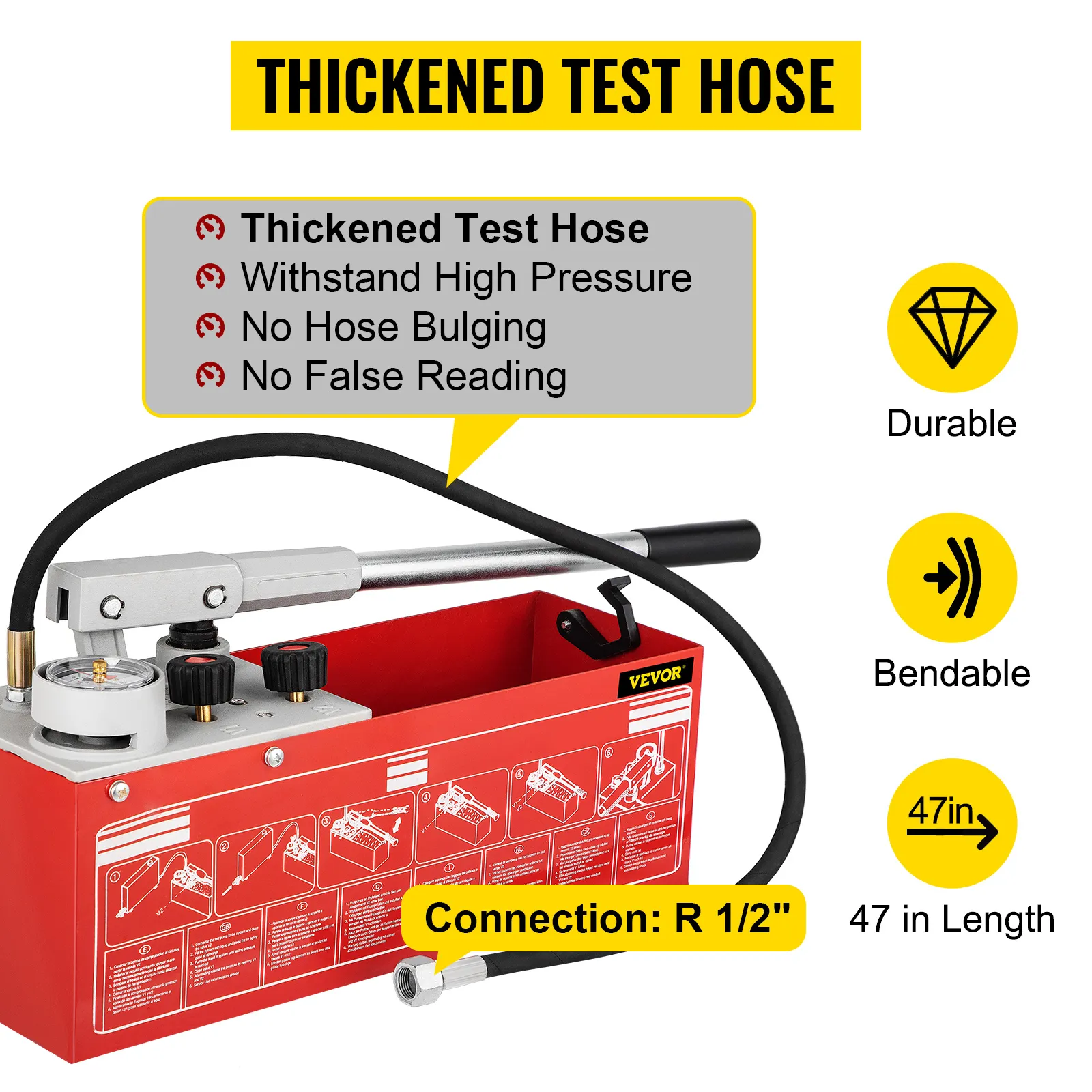 VEVOR hydrostatic pressure test pump with thickened hose, 47in length, and r 1/2" connection