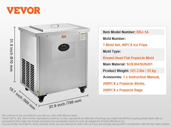 VEVOR ijslollymachine model bbj-1a, afmetingen 31,9x19,7x27,6 inch, inclusief accessoires.