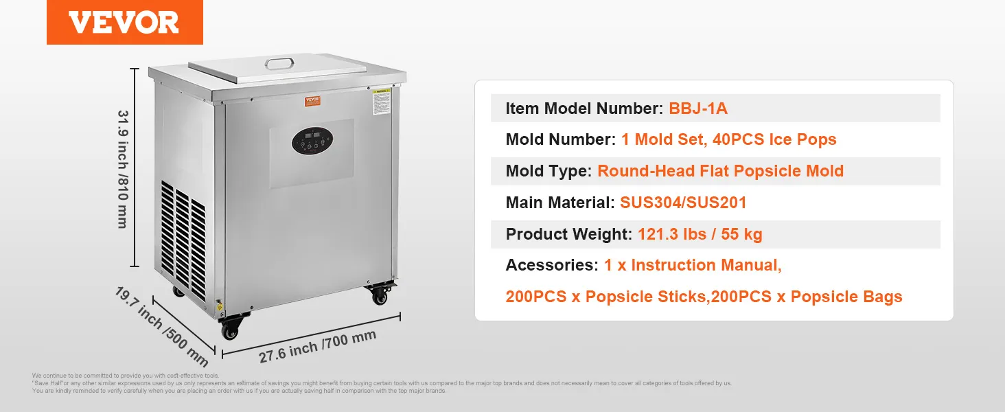 VEVOR ijslollymachine model bbj-1a, afmetingen 31,9x19,7x27,6 inch, inclusief accessoires.