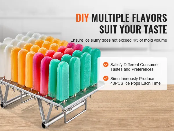 VEVOR-ijsmachine met diverse kleurrijke ijsjes op een houten tafel.