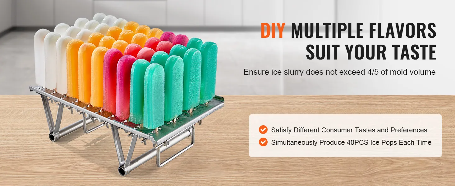 VEVOR-ijsmachine met diverse kleurrijke ijsjes op een houten tafel.