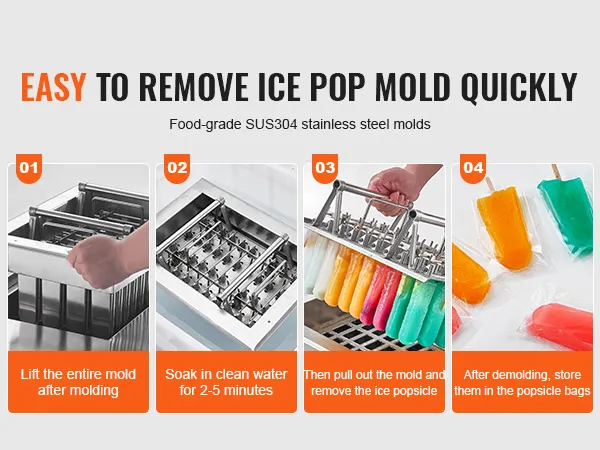Eenvoudige stappen om ijsvormpjes te verwijderen met de VEVOR ijslollymachine, met kleurrijke ijslolly's en roestvrijstalen vormpjes.