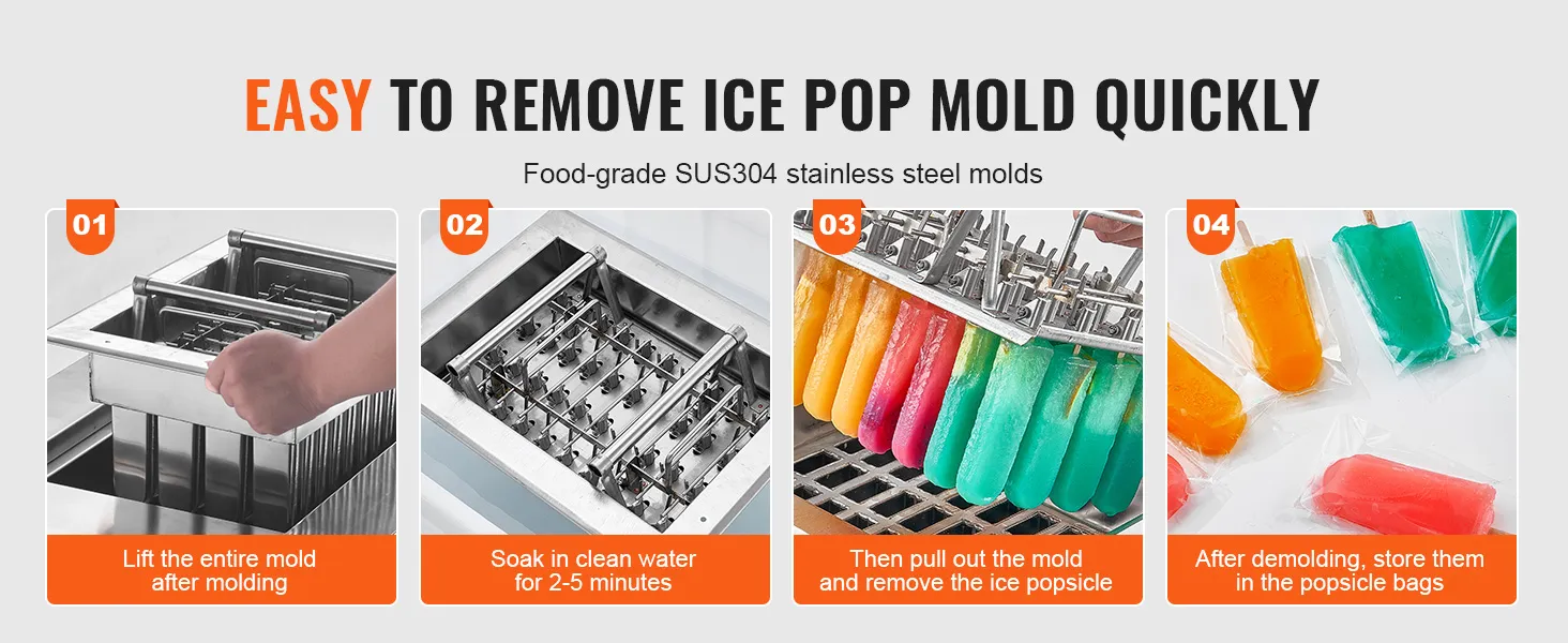 Eenvoudige stappen om ijsvormpjes te verwijderen met de VEVOR ijslollymachine, met kleurrijke ijslolly's en roestvrijstalen vormpjes.