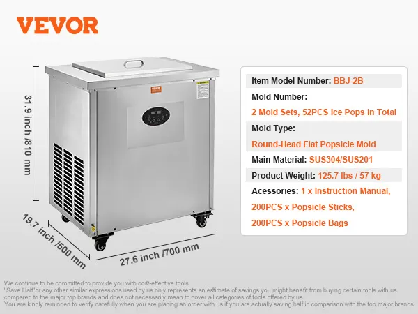 VEVOR popsicle machine bbj-2b, dimensions: 31.9"x19.7"x27.6", 2 molds, sus304/sus201 material.