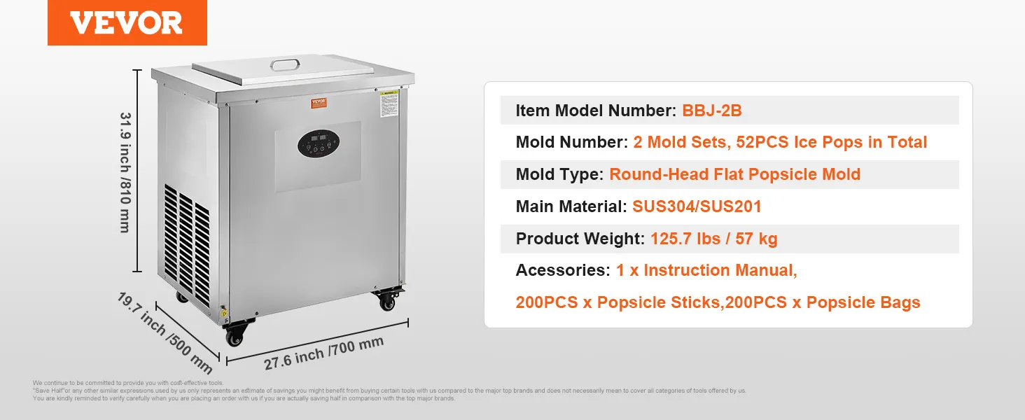 VEVOR popsicle machine bbj-2b, dimensions: 31.9"x19.7"x27.6", 2 molds, sus304/sus201 material.