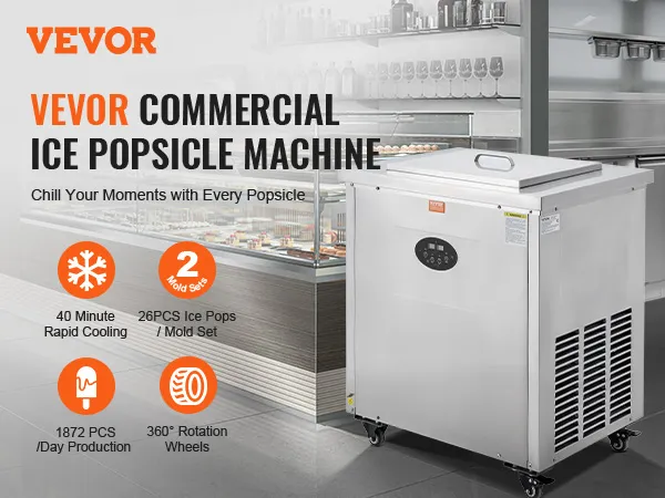 VEVOR popsicle machine in a sleek kitchen; 40-min cooling; 26 pops per set; 1872 pops/day; 360° wheels.