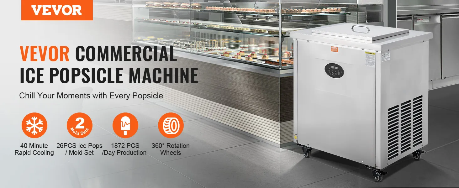 VEVOR popsicle machine in a sleek kitchen; 40-min cooling; 26 pops per set; 1872 pops/day; 360° wheels.