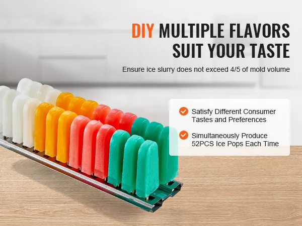 VEVOR popsicle machine array with colorful assorted ice pops on kitchen countertop.