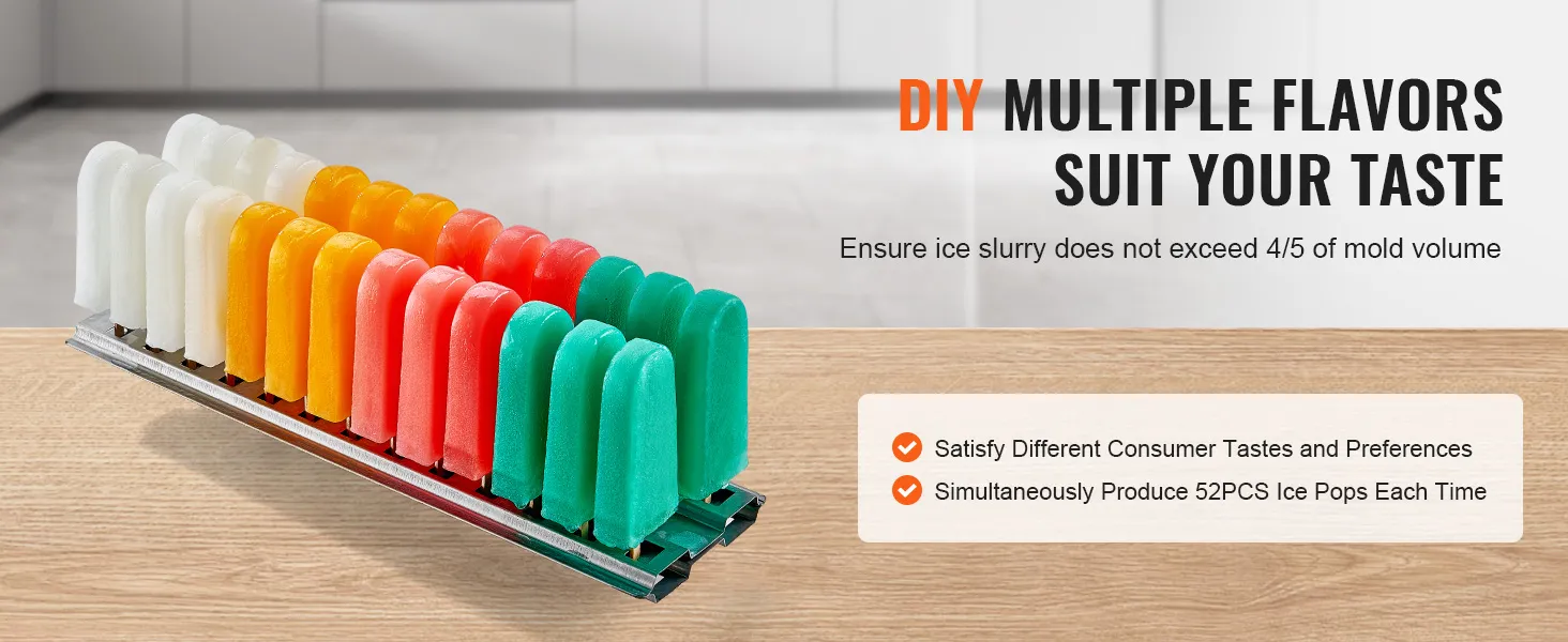 VEVOR popsicle machine array with colorful assorted ice pops on kitchen countertop.