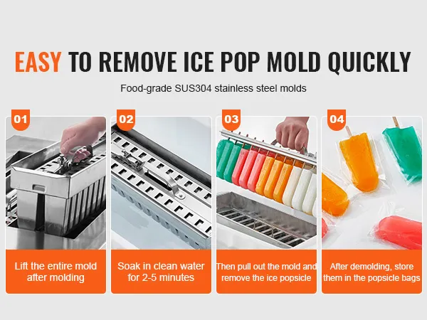 VEVOR popsicle machine steps: lift mold, soak in water, remove popsicles, store in bags. easy to use.
