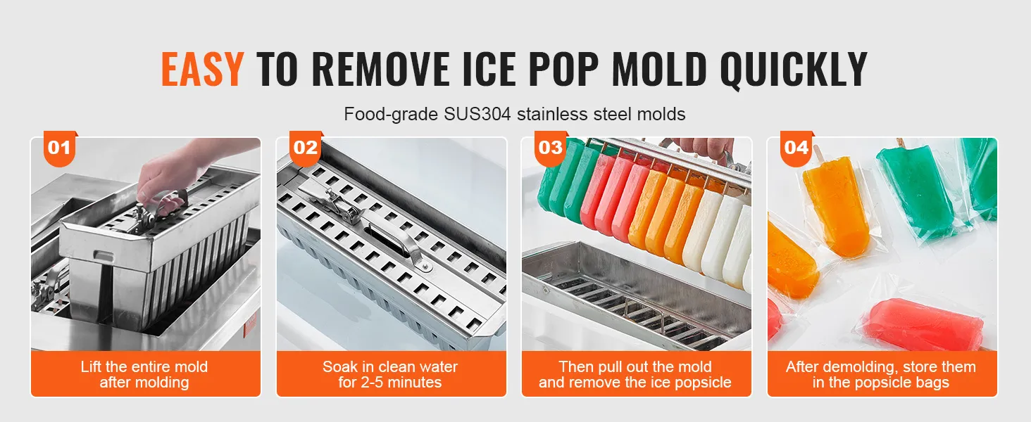 VEVOR popsicle machine steps: lift mold, soak in water, remove popsicles, store in bags. easy to use.