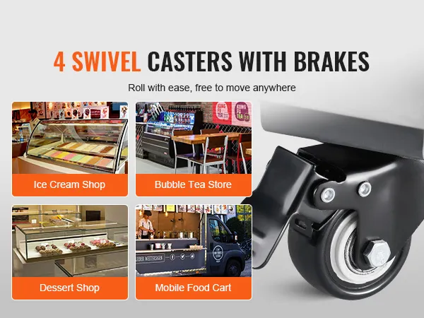 4 swivel casters with brakes ideal for ice cream shops, bubble tea stores, dessert shops, and mobile food carts.