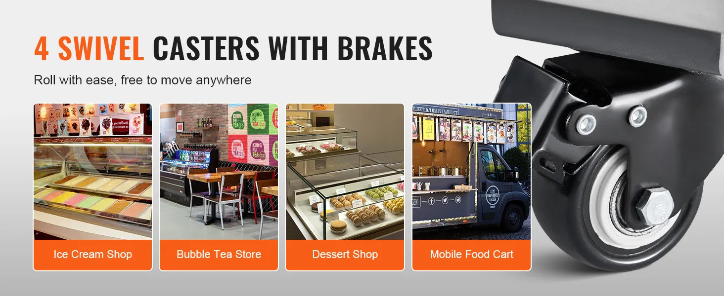 4 swivel casters with brakes ideal for ice cream shops, bubble tea stores, dessert shops, and mobile food carts.