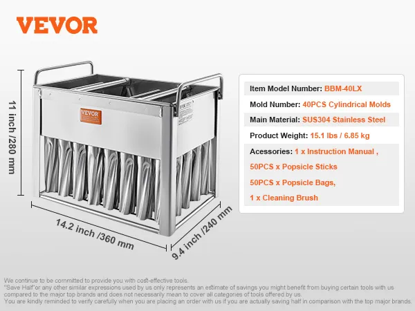 VEVOR ijslollyvormen met 40 cilindrische vormen, gemaakt van roestvrij staal SUS304, model BBM-40LX.