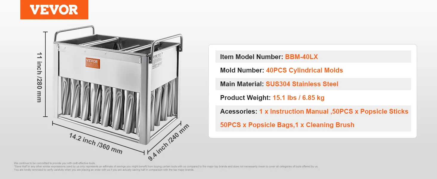 VEVOR ijslollyvormen met 40 cilindrische vormen, gemaakt van roestvrij staal SUS304, model BBM-40LX.