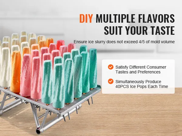 VEVOR-ijsvormpjes met kleurrijke ijsjes op een roestvrijstalen rek, met verschillende smaken.