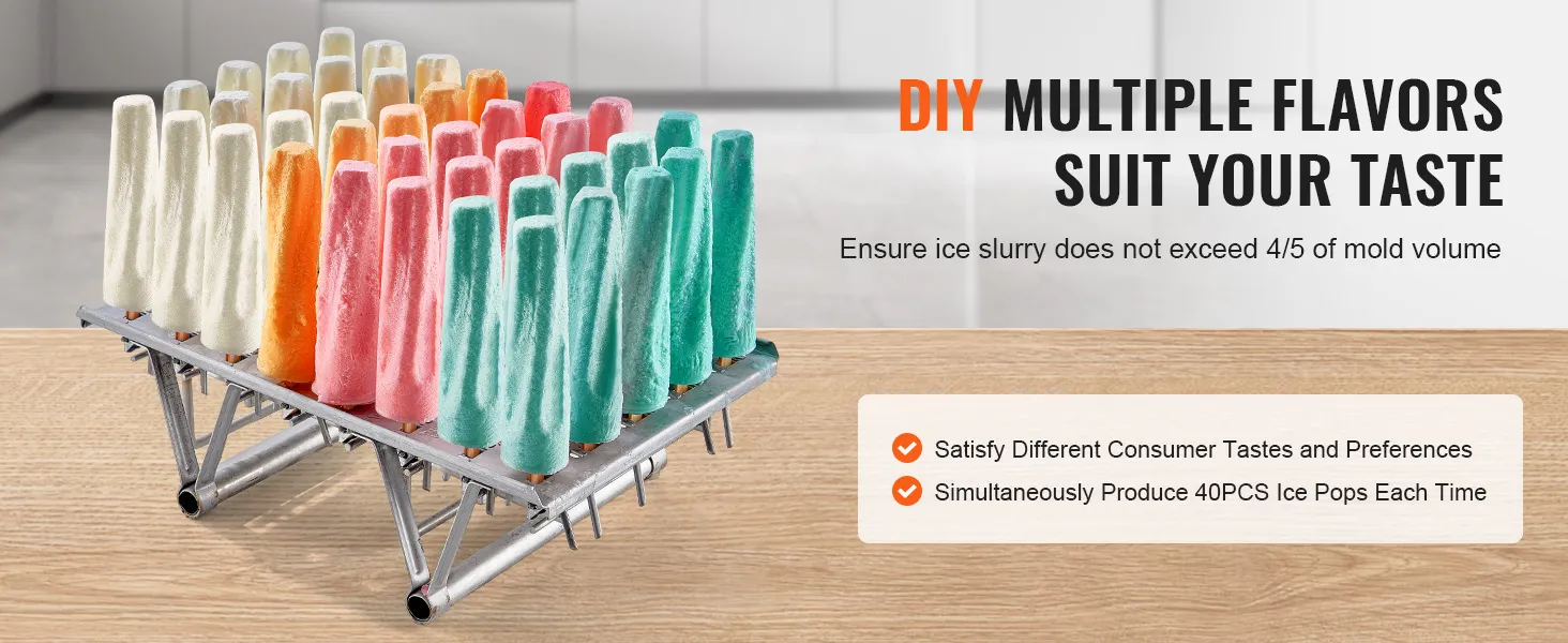 VEVOR-ijsvormpjes met kleurrijke ijsjes op een roestvrijstalen rek, met verschillende smaken.