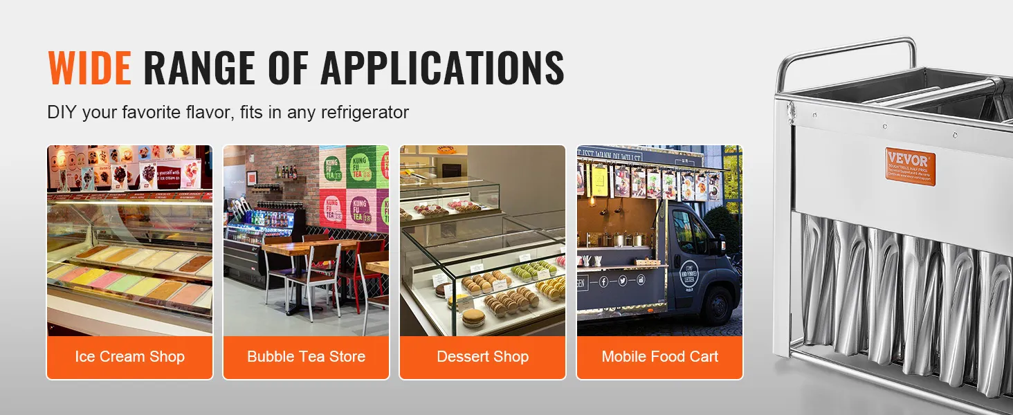 Breed scala aan VEVOR-ijslollyvormen voor toepassingen: ijssalons, bubble tea-winkels, dessertwinkels, eetkraampjes.