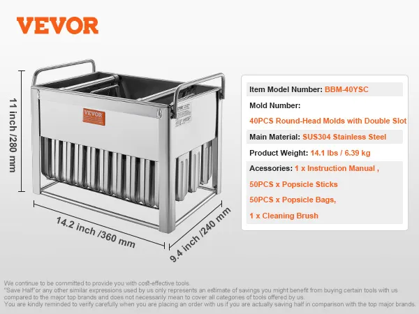 Kit di stampi per ghiaccioli VEVOR con corpo in acciaio inossidabile, include 50 bastoncini per ghiaccioli, sacchetti, istruzioni, pennello.