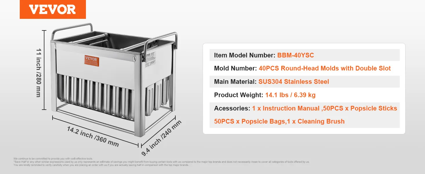 Kit di stampi per ghiaccioli VEVOR con corpo in acciaio inossidabile, include 50 bastoncini per ghiaccioli, sacchetti, istruzioni, pennello.