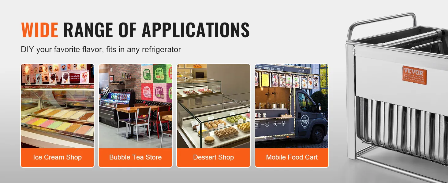 Stampi per ghiaccioli VEVOR: versatili per gelaterie, negozi di bubble tea, negozi di dolci e chioschi ambulanti di cibo.