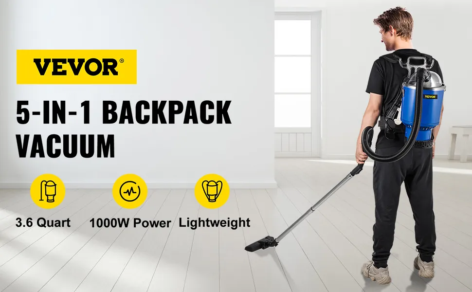 VEVOR backpack vacuum 5-in-1, 3.6 quart, 1000w power, lightweight.