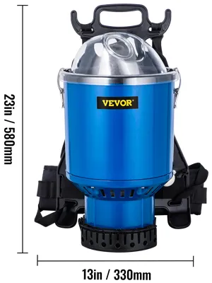 blue VEVOR backpack vacuum, 23in height, 13in width, and ergonomic design.
