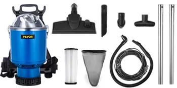 VEVOR backpack vacuum with attachments, hose, and filters arranged neatly.