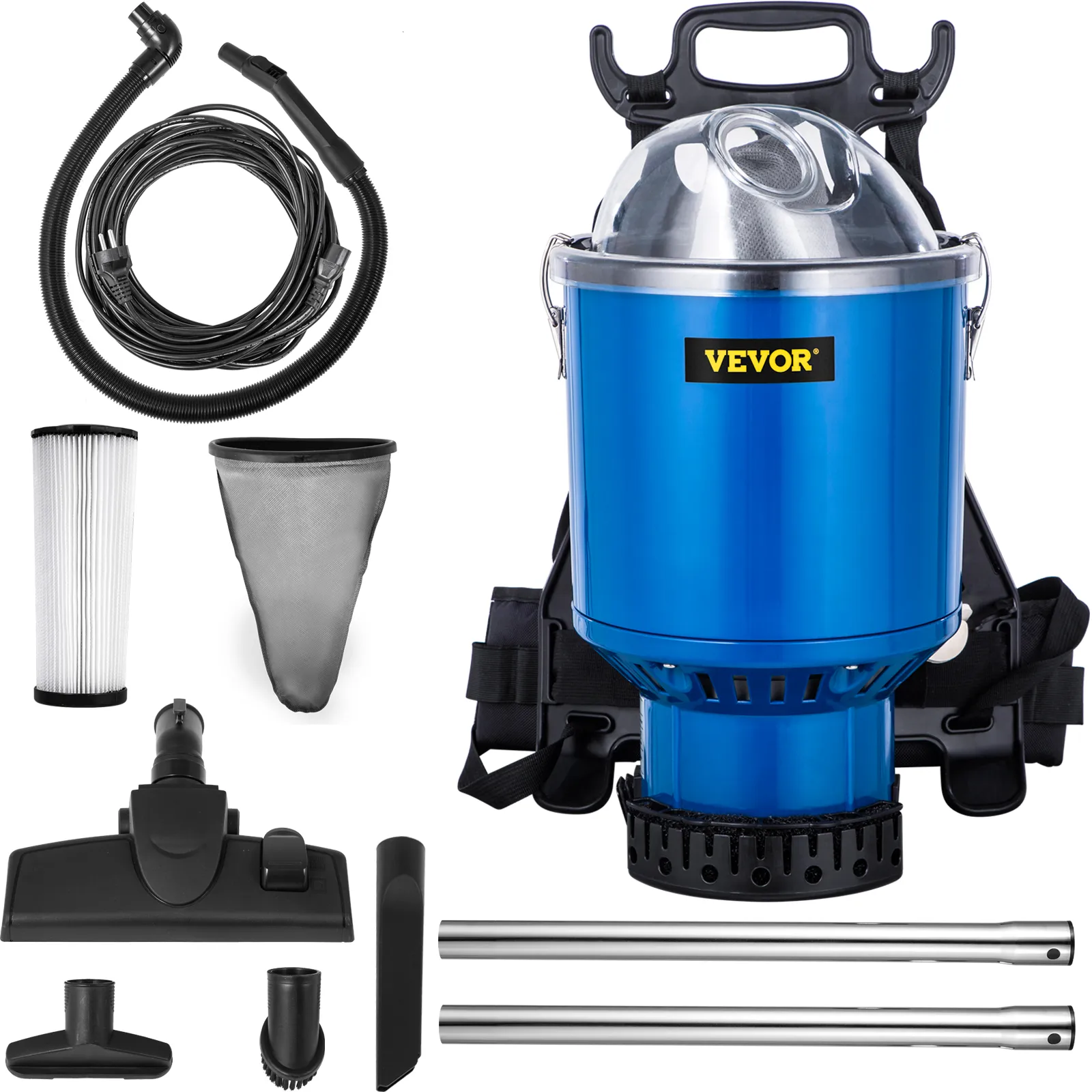 VEVOR backpack vacuum with blue canister and accessories including hose and filter.