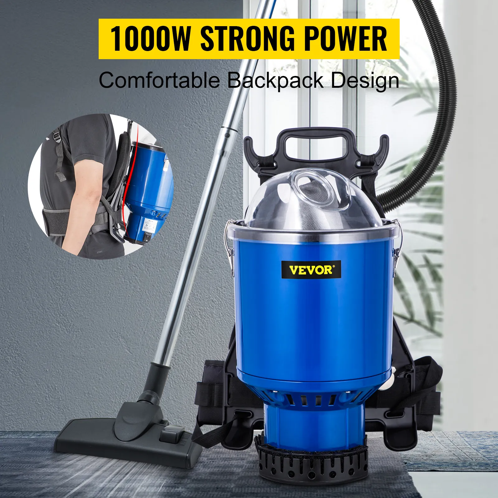 VEVOR backpack vacuum with 1000w power, blue, ergonomic design, and strong suction.