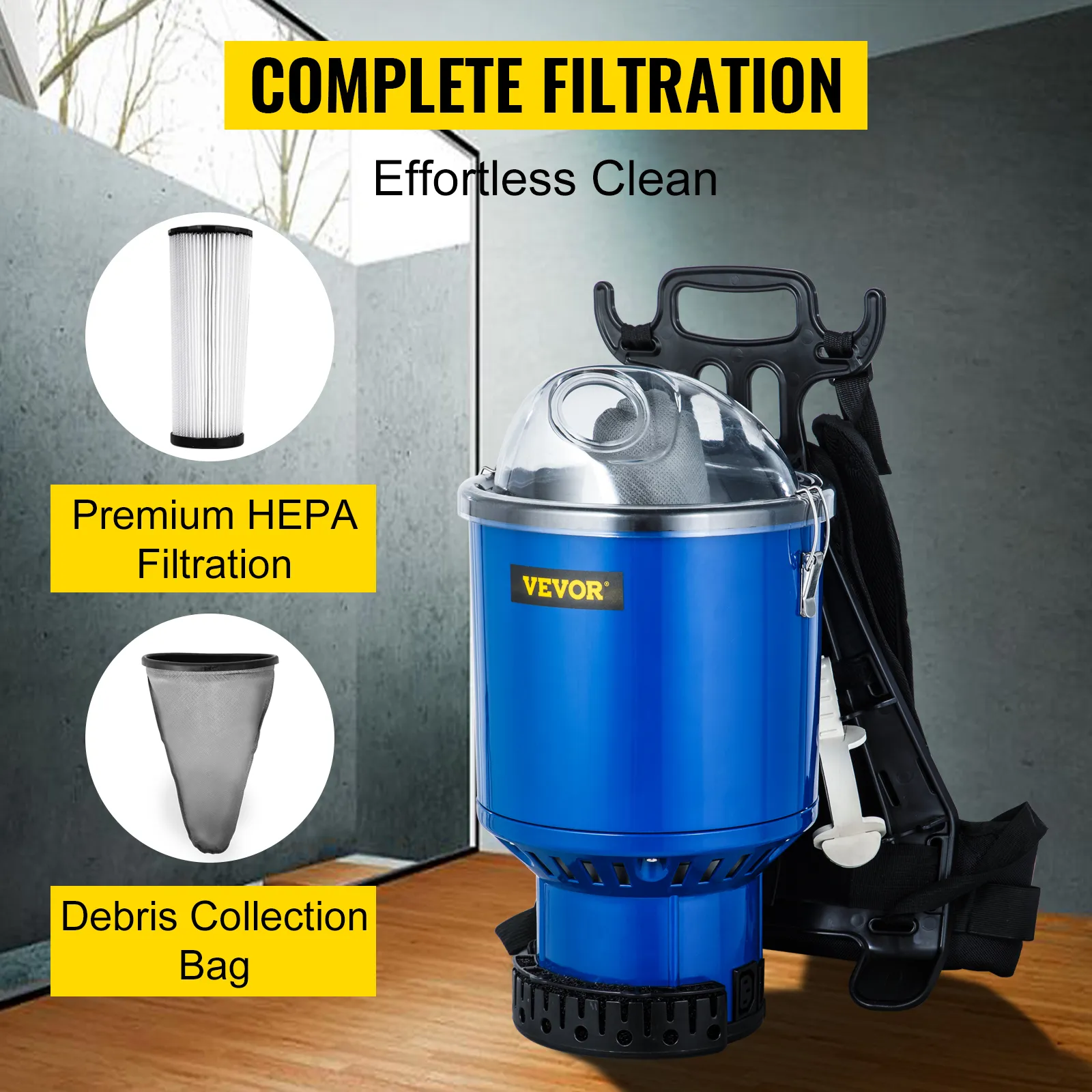 VEVOR backpack vacuum with hepa filtration and debris collection bag for effortless cleaning.