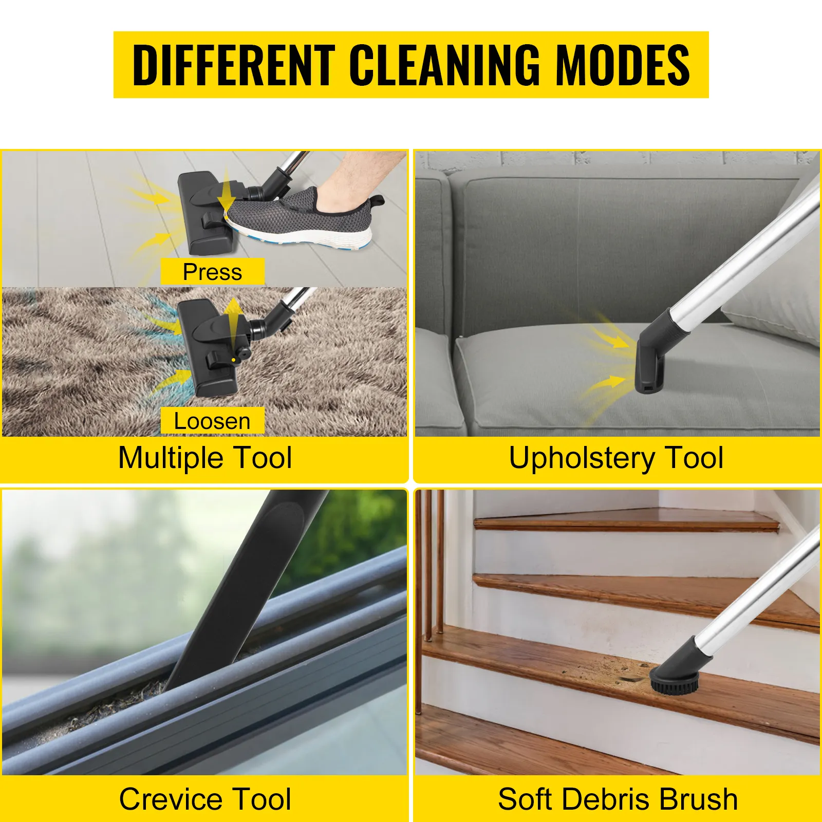 different cleaning modes for VEVOR backpack vacuum: multiple tool, upholstery tool, crevice tool, soft debris brush.