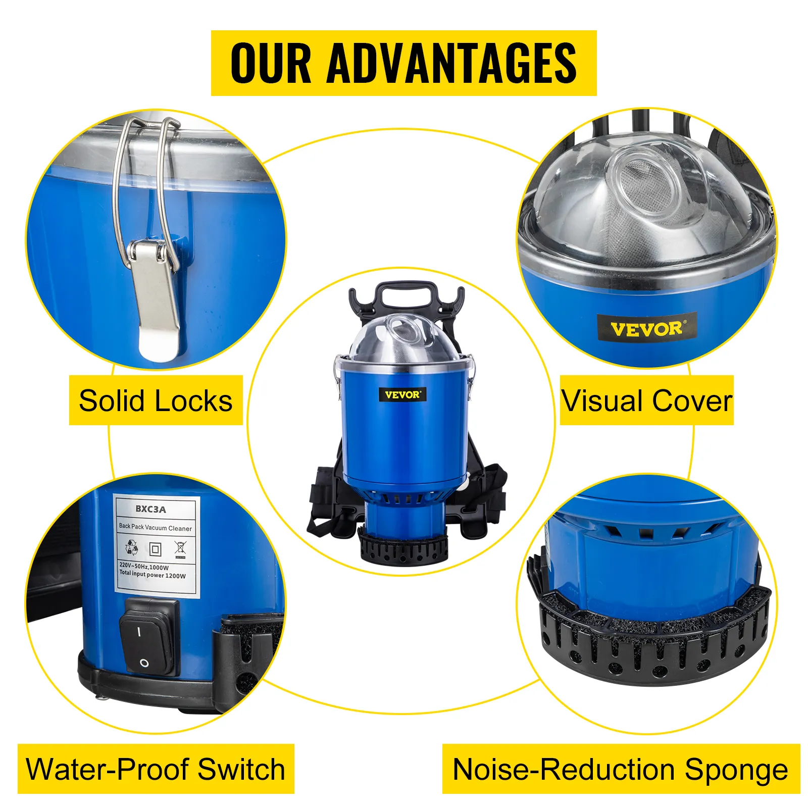 VEVOR backpack vacuum features solid locks, visual cover, waterproof switch, and noise-reduction sponge.