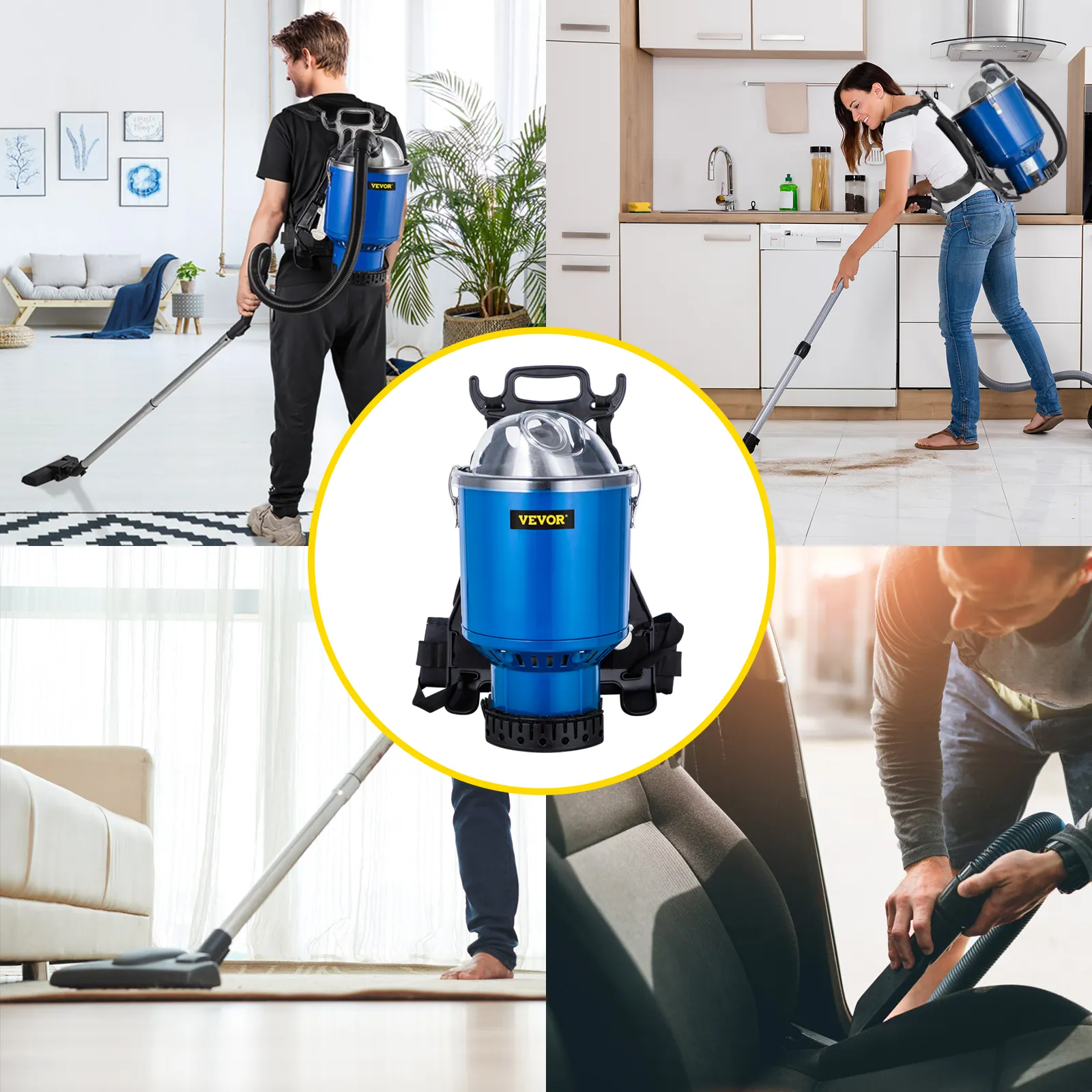 VEVOR backpack vacuum in use for home, kitchen, car, and floor cleaning.
