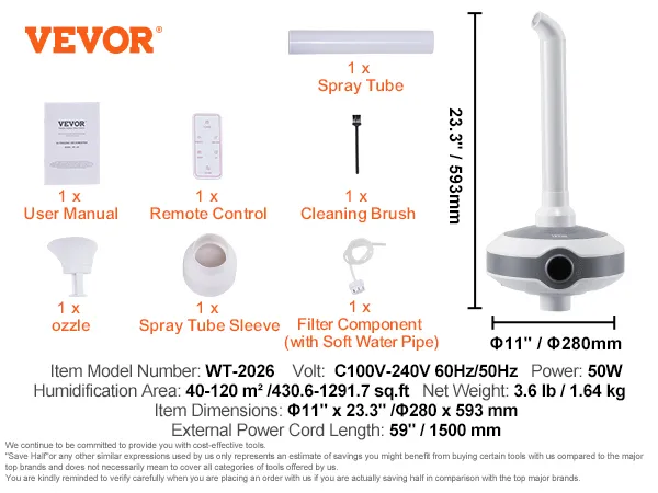 Humidificador VEVOR wt-2026, 50w, alcance 40-120㎡, dimensiones φ11"x23.3" y lista de accesorios.
