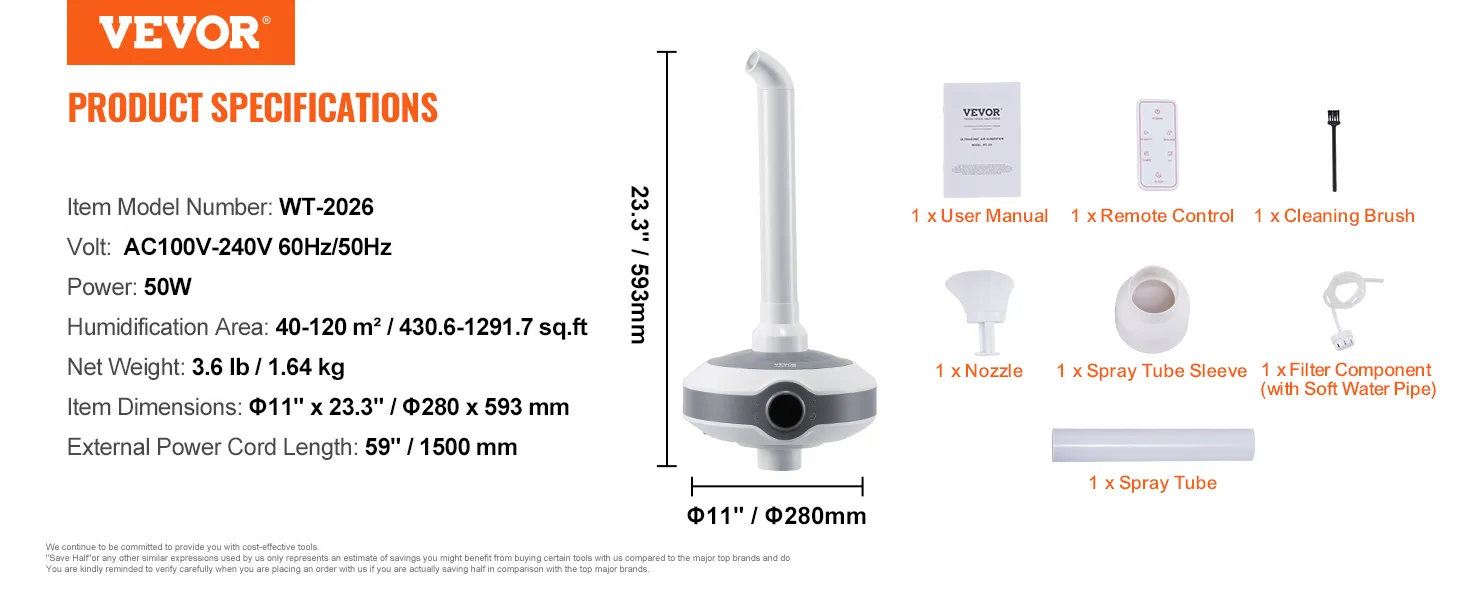Humidificador VEVOR wt-2026, 50w, alcance 40-120㎡, dimensiones φ11"x23.3" y lista de accesorios.