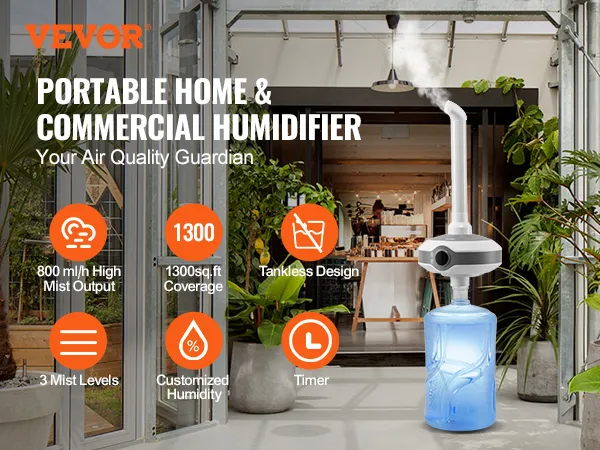 Humidificador VEVOR para uso doméstico y comercial, destacando por su alta producción de niebla y una cobertura de 1300 pies cuadrados.