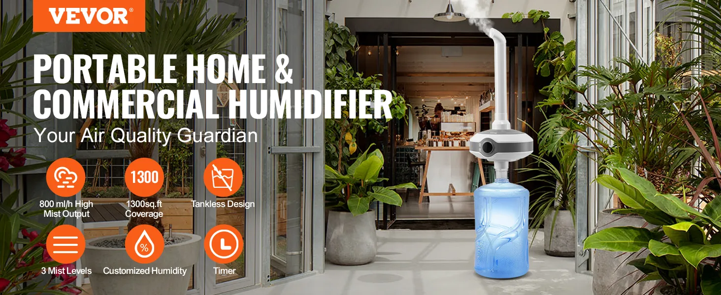 Humidificador VEVOR para uso doméstico y comercial, destacando por su alta producción de niebla y una cobertura de 1300 pies cuadrados.